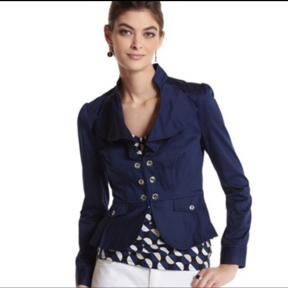 White House Black Market Detailed Peplum Navy Ruffle  Blazer with Silver Accent